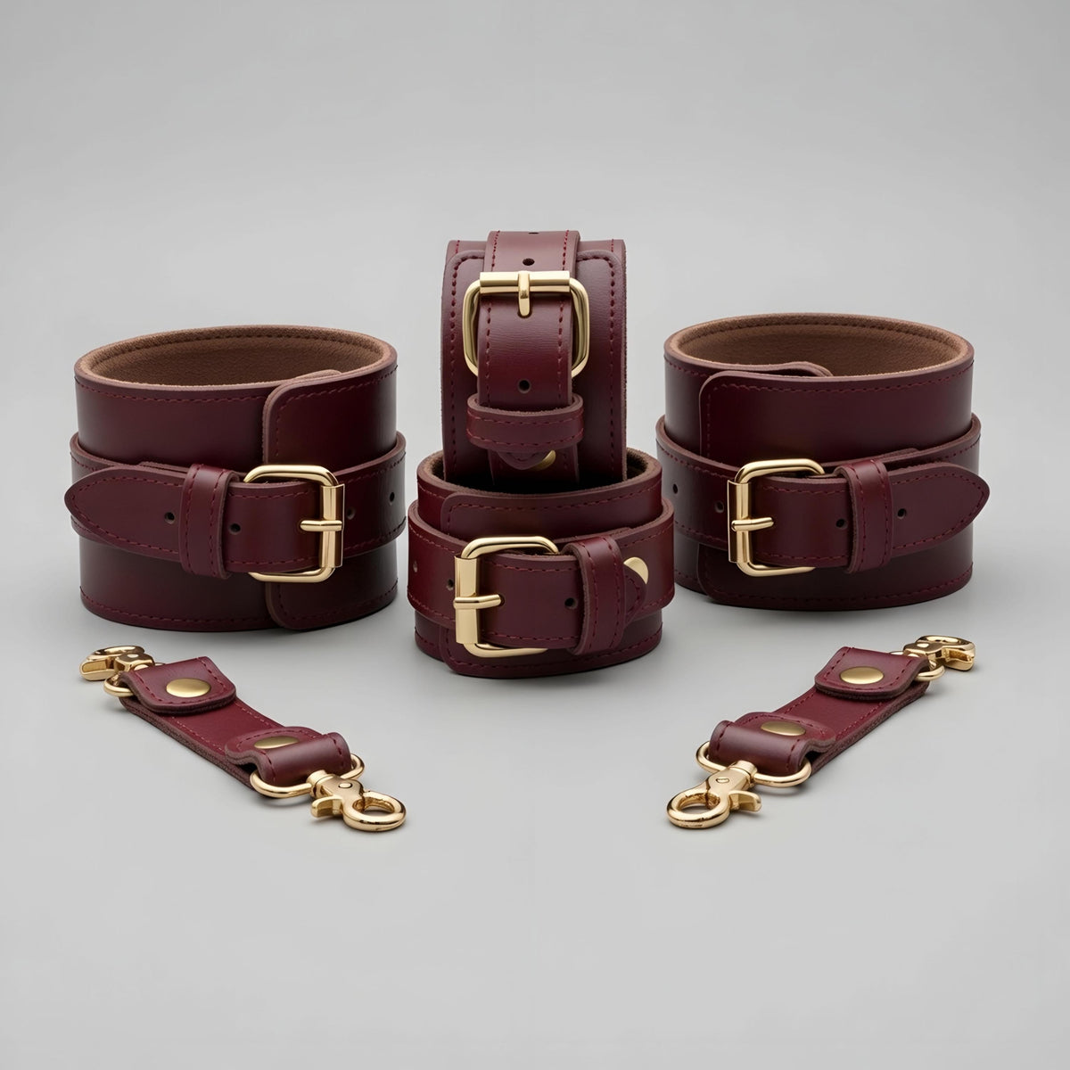Burgundy Leather Cuffs Set Wrist Ankle Restraints Adjustable