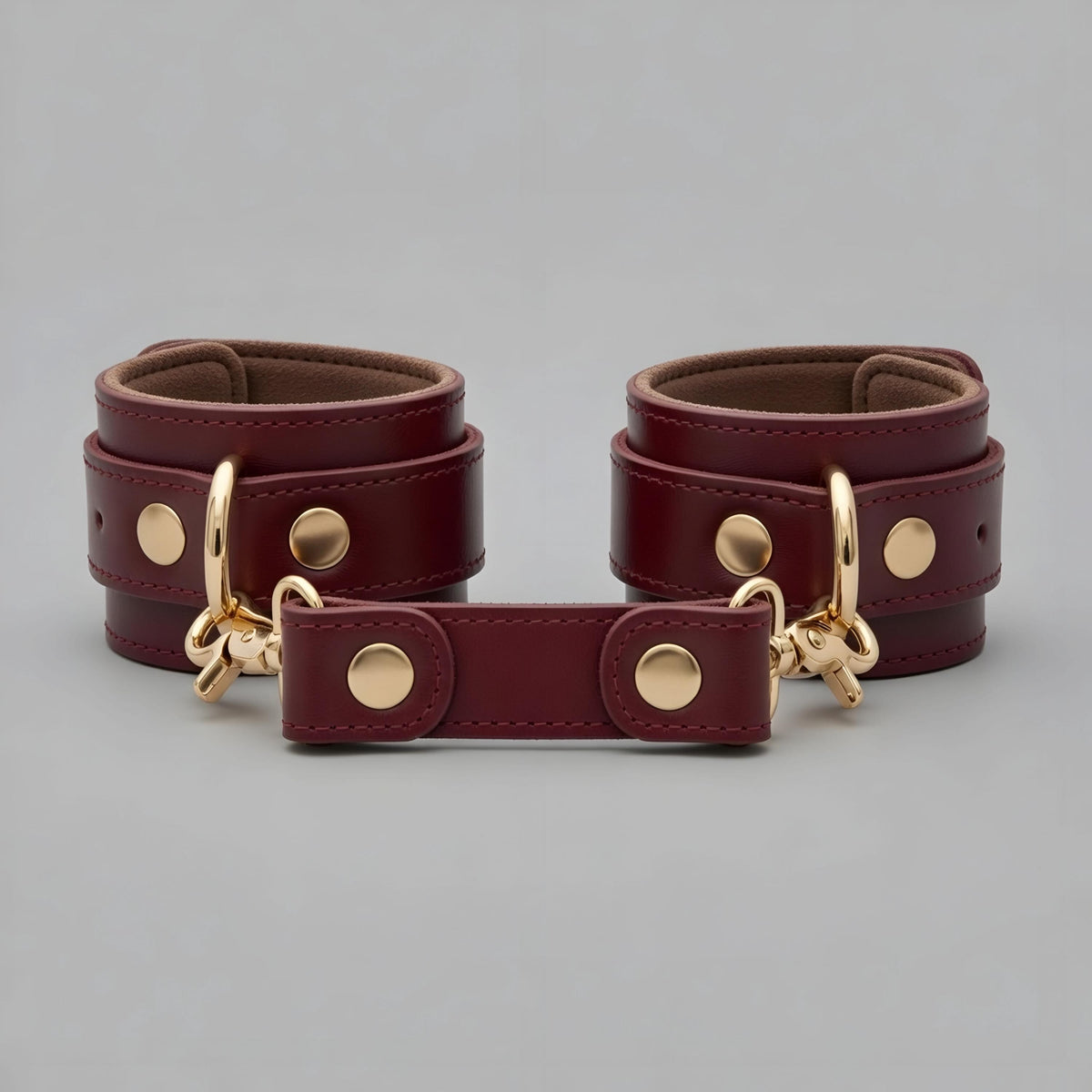 Burgundy Leather Cuffs Set Wrist Ankle Restraints Adjustable