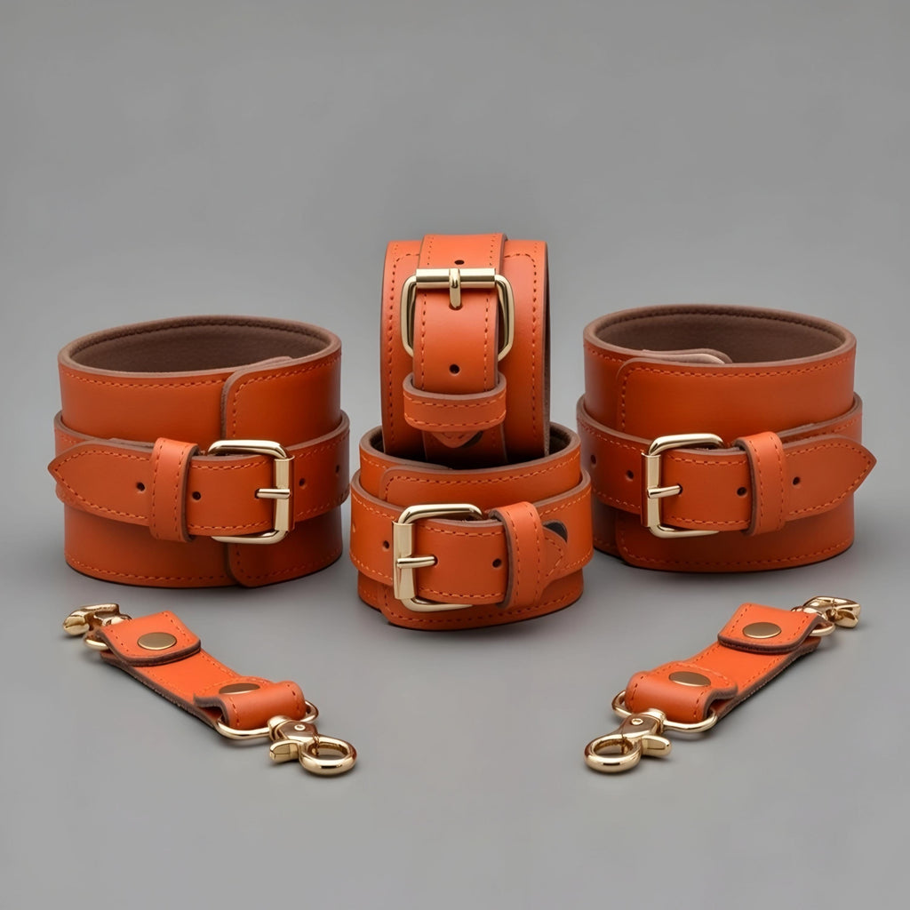 Orange Leather Cuffs Set Wrist Ankle Restraints Adjustable