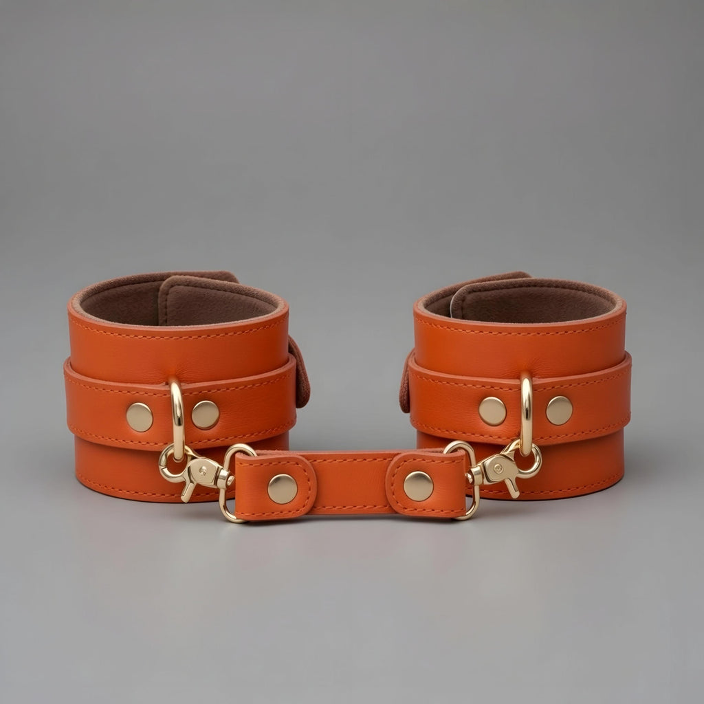 Orange Leather Cuffs Set Wrist Ankle Restraints Adjustable