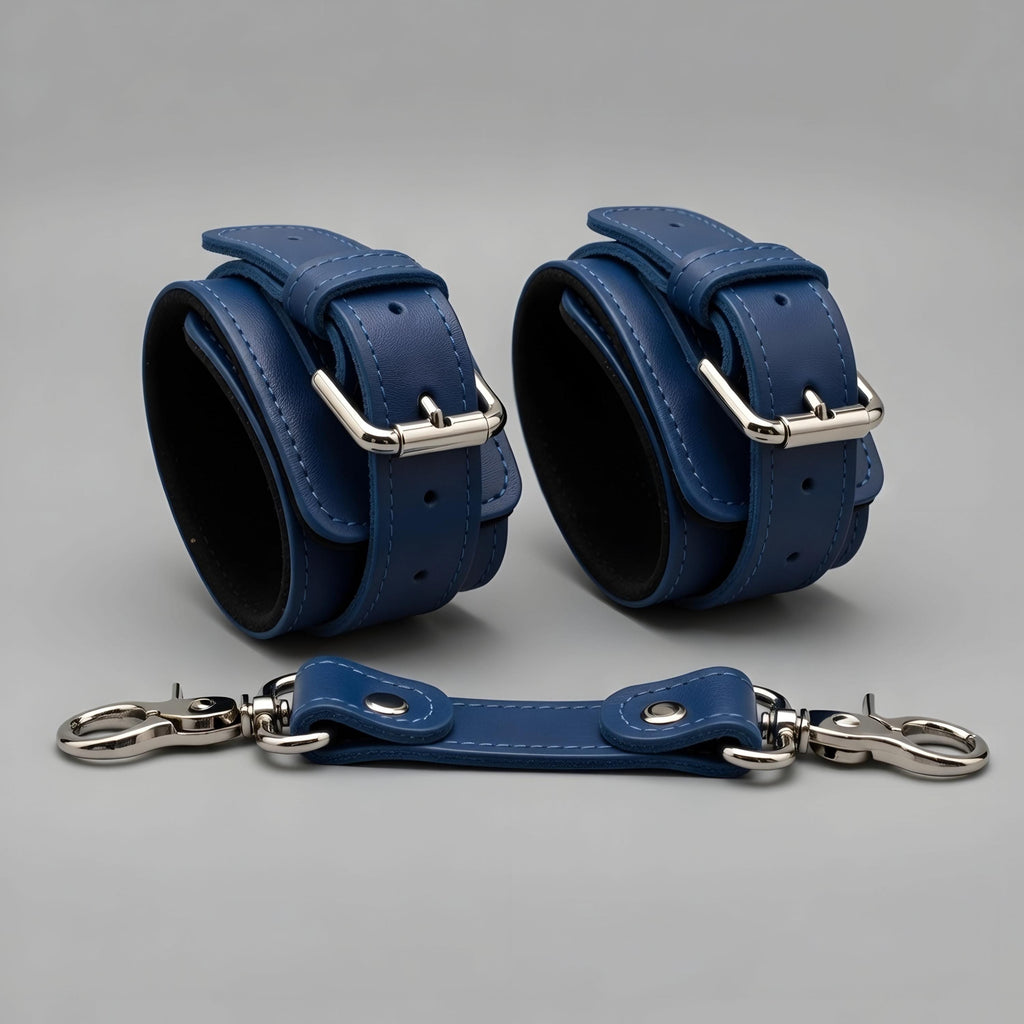 Royal Blue Leather Cuffs Set Wrist Ankle Thigh Restraints Adjustable