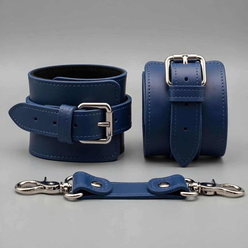 Royal Blue Leather Cuffs Set Wrist Ankle Thigh Restraints Adjustable