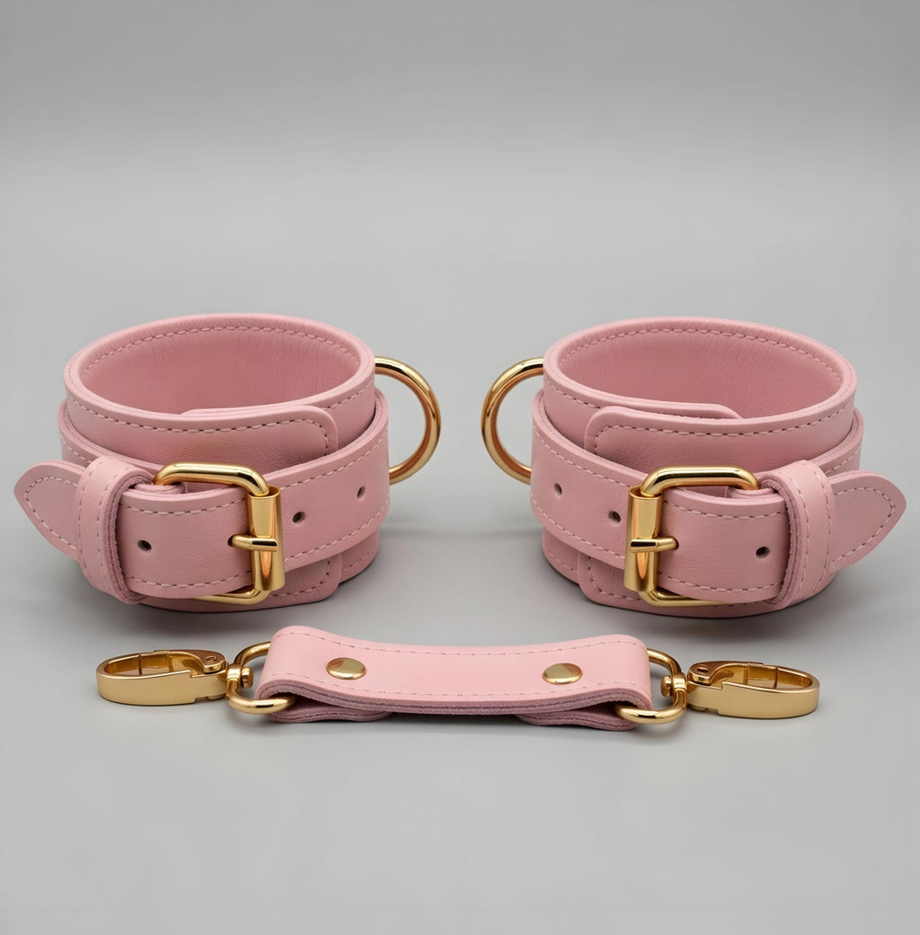 Pink Leather Cuffs Set Wrist Ankle Restraints Adjustable