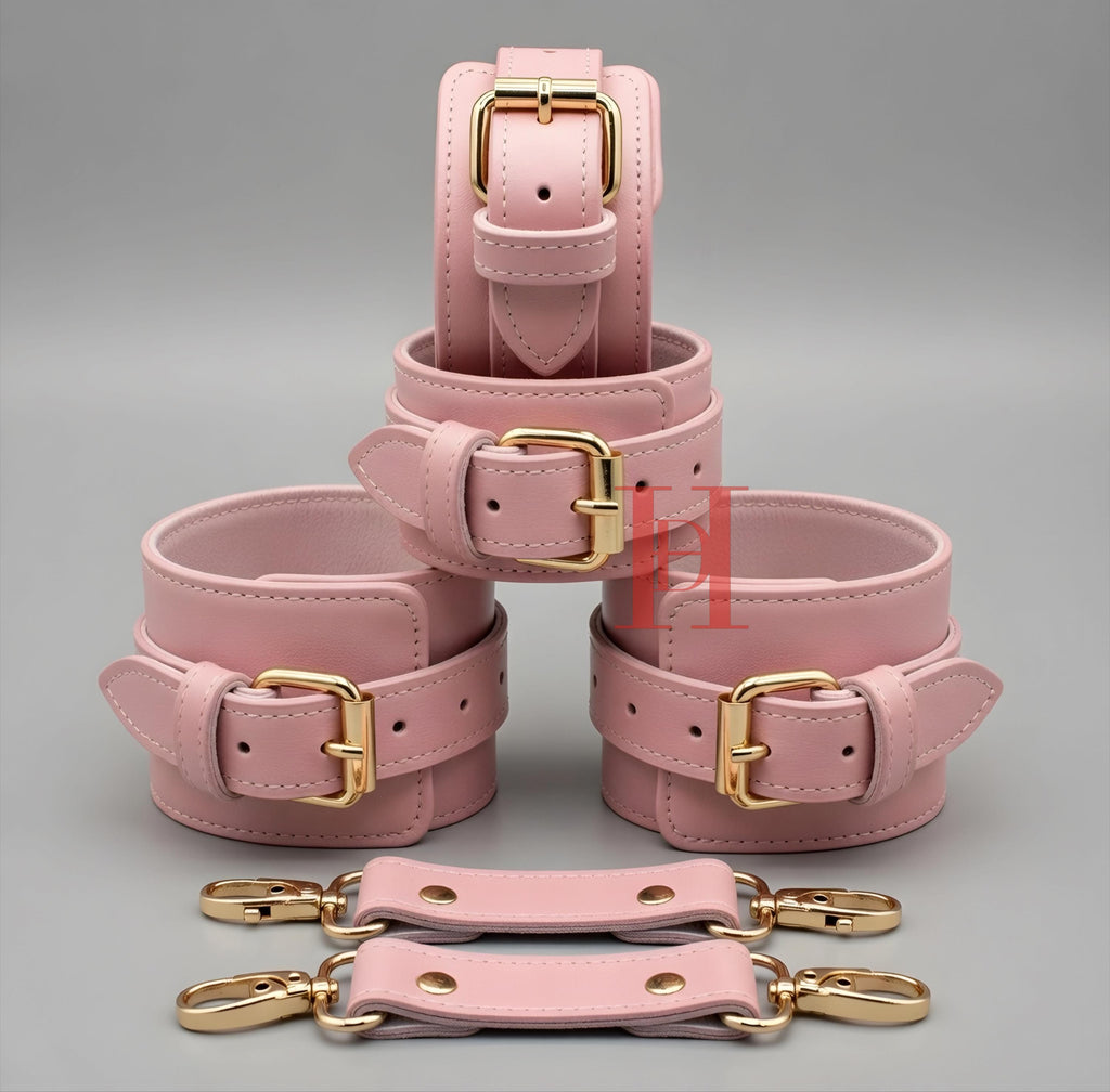 Pink Leather Cuffs Set Wrist Ankle Restraints Adjustable
