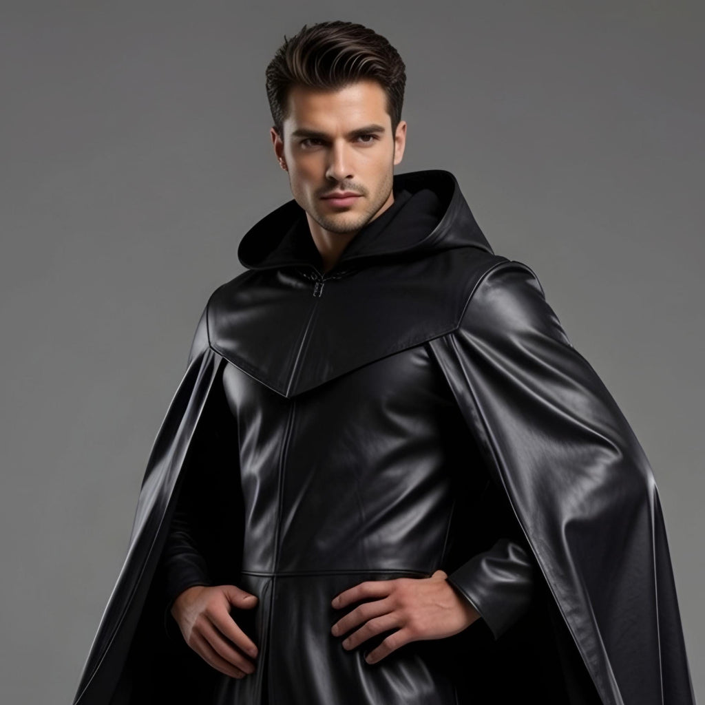 Dark Fantasy Black Leather Hooded Long Cloak Cape Men Gothic Costume