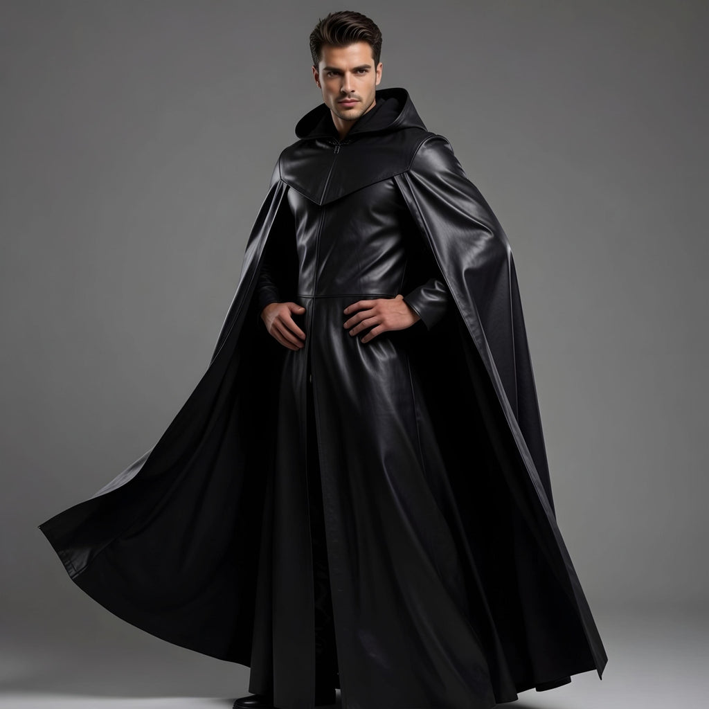 Dark Fantasy Black Leather Hooded Long Cloak Cape Men Gothic Costume