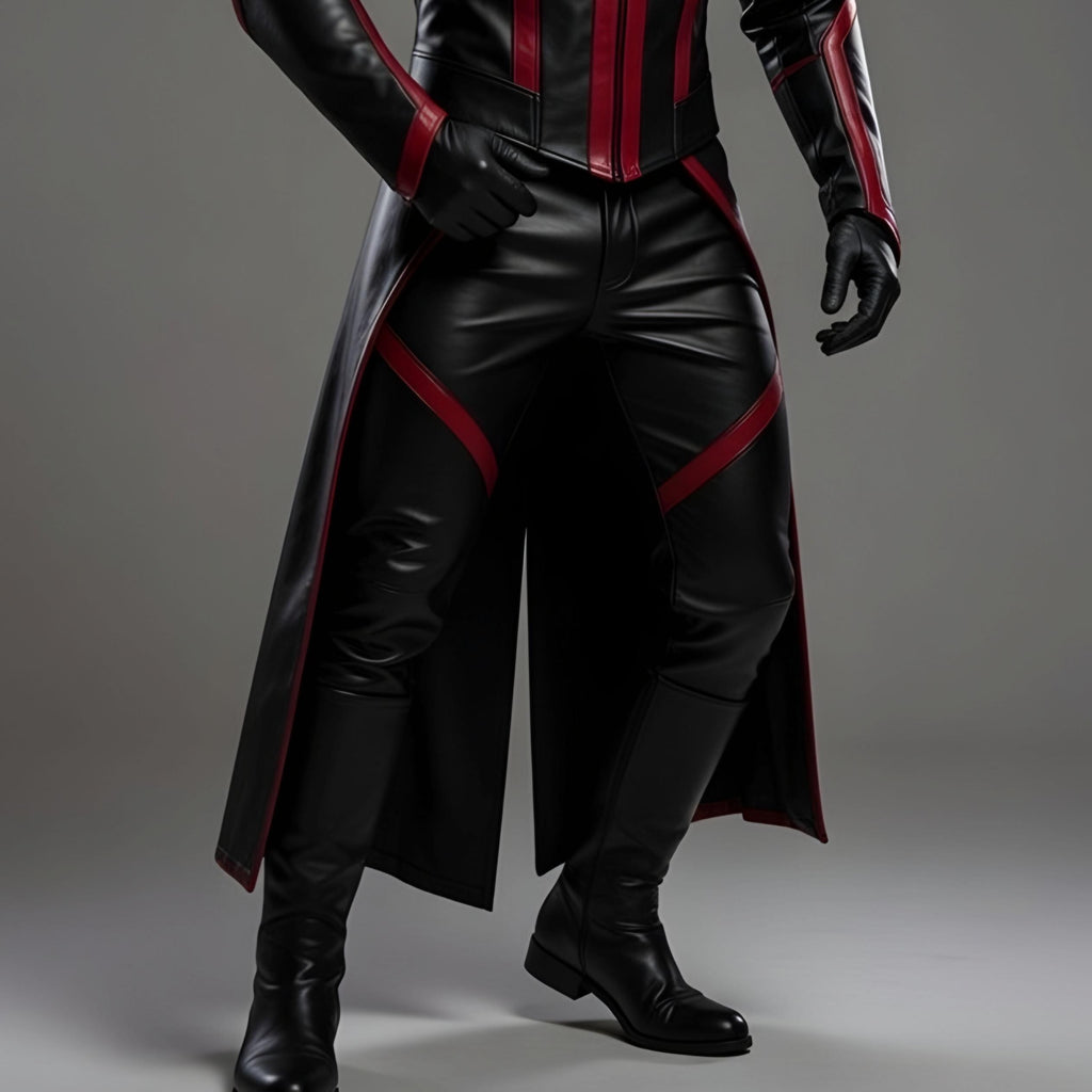 Futuristic Villain Cosplay Costume Black Red Leather Trench Coat Pants Men's Outfit