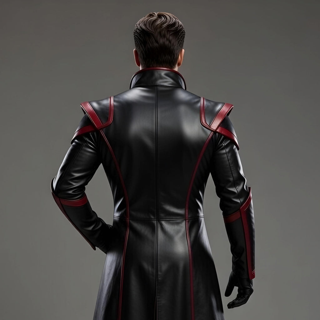 Futuristic Villain Cosplay Costume Black Red Leather Trench Coat Pants Men's Outfit