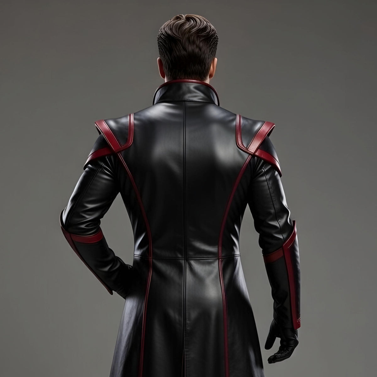Futuristic Villain Cosplay Costume Black Red Leather Trench Coat Pants Men's Outfit