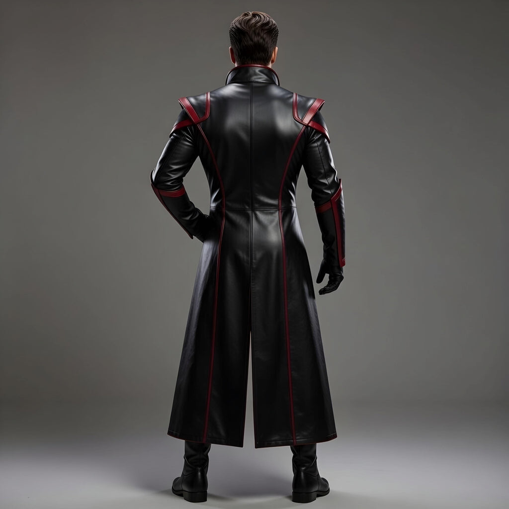 Futuristic Villain Cosplay Costume Black Red Leather Trench Coat Pants Men's Outfit
