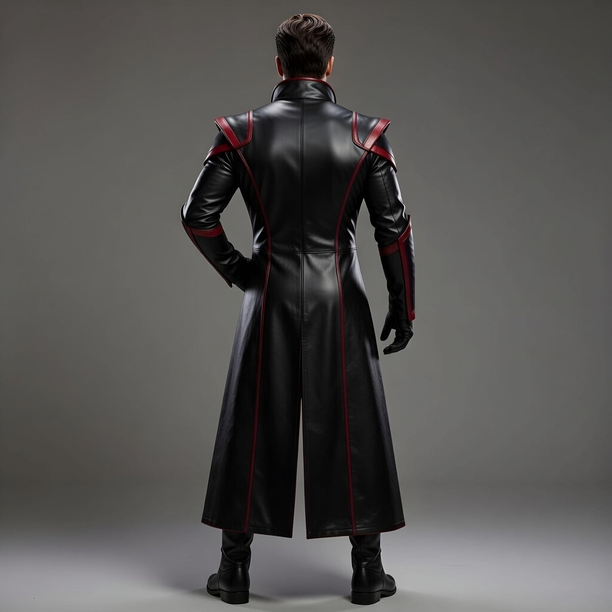Futuristic Villain Cosplay Costume Black Red Leather Trench Coat Pants Men's Outfit