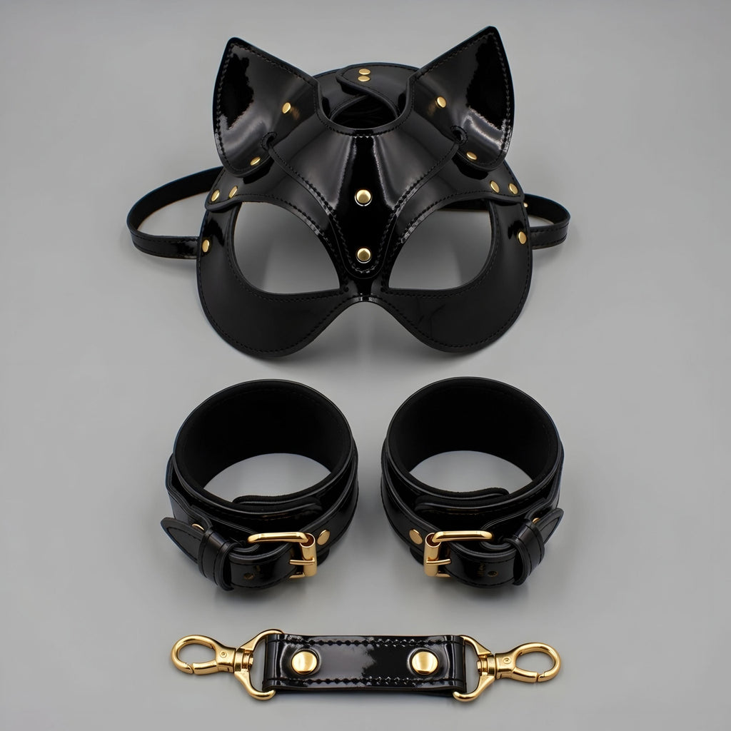 Red Leather Cat Mask Cuffs Set Petplay Kitten Restraints Adjustable