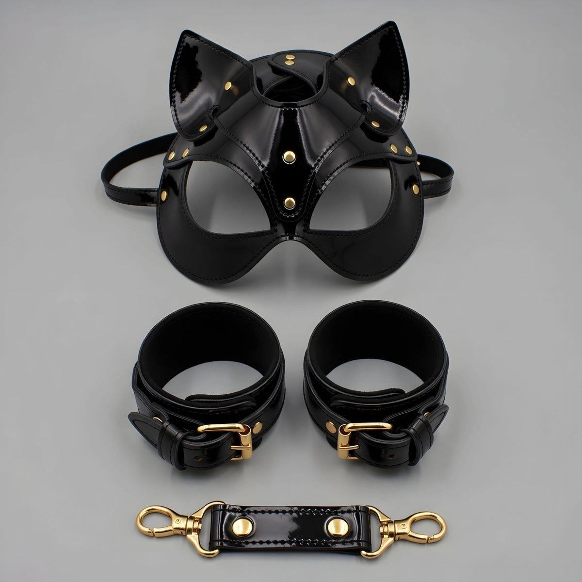 Red Leather Cat Mask Cuffs Set Petplay Kitten Restraints Adjustable