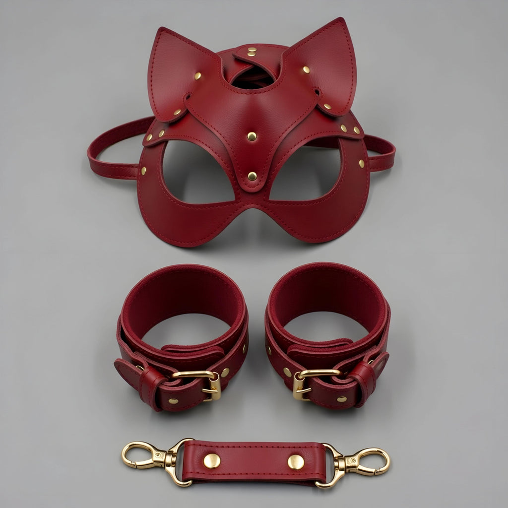 Red Leather Cat Mask Cuffs Set Petplay Kitten Restraints Adjustable