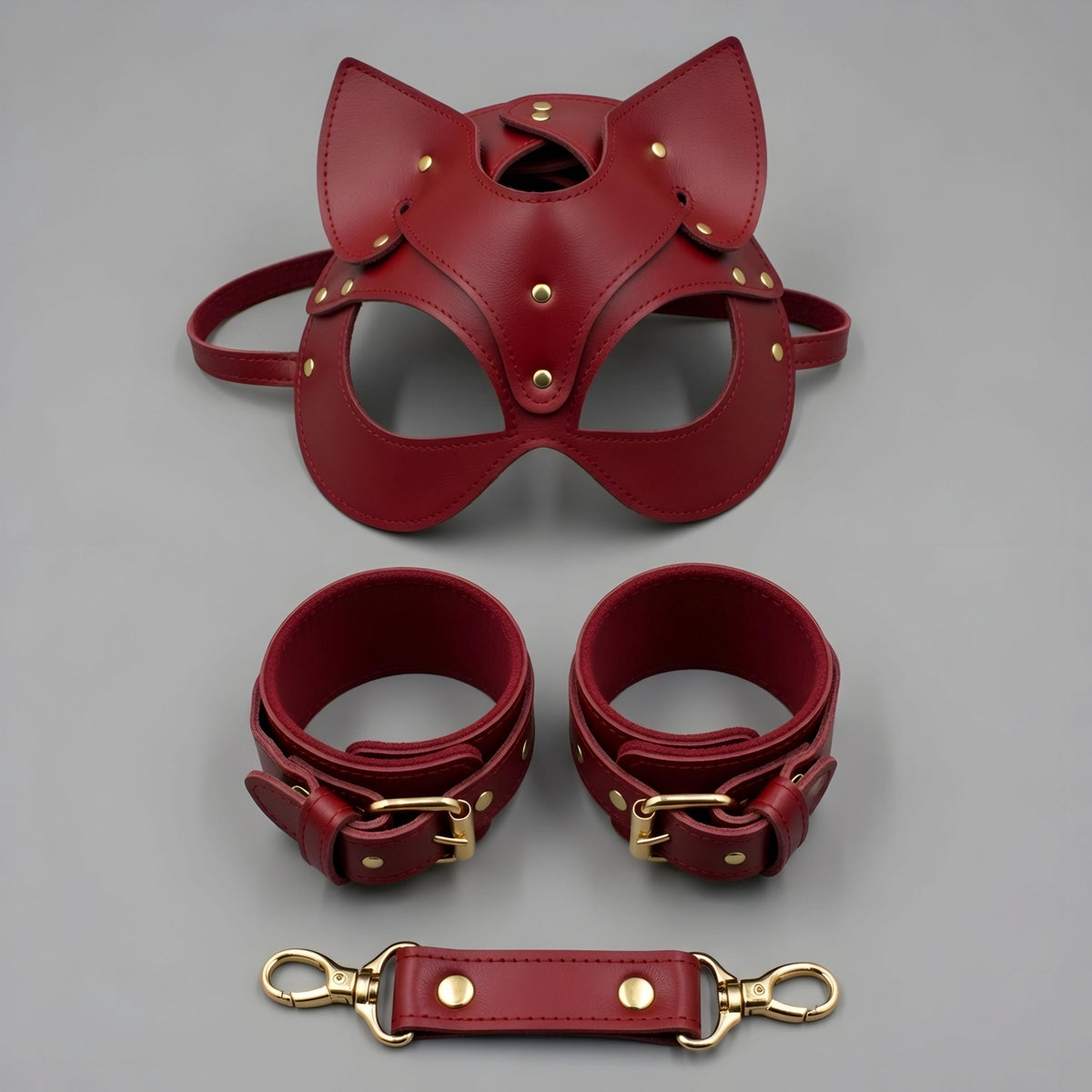 Red Leather Cat Mask Cuffs Set Petplay Kitten Restraints Adjustable