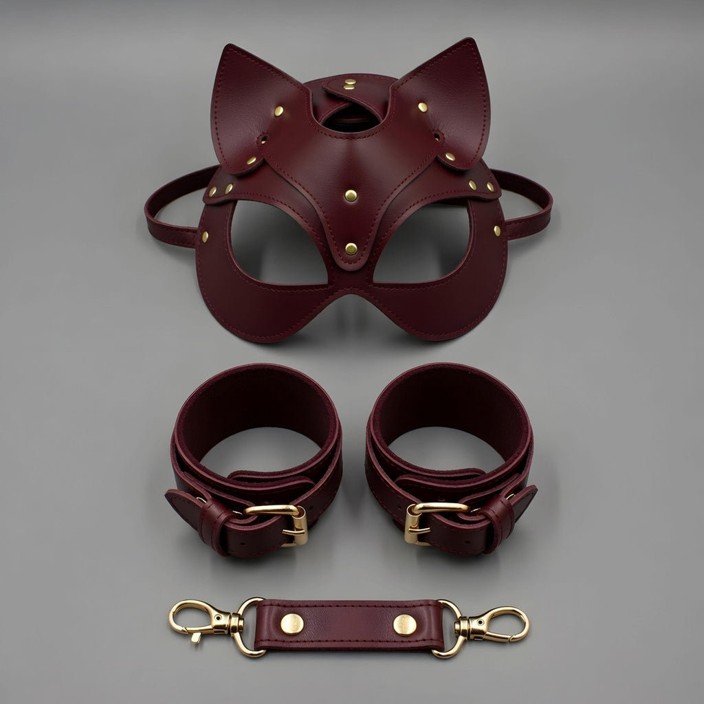 Red Leather Cat Mask Cuffs Set Petplay Kitten Restraints Adjustable
