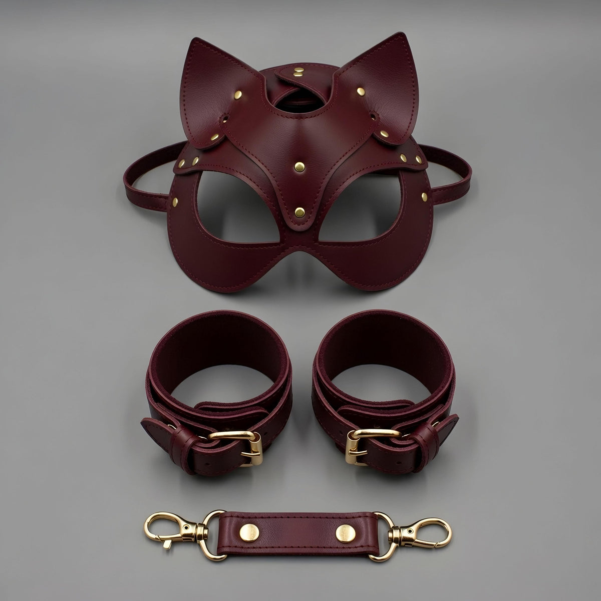 Red Leather Cat Mask Cuffs Set Petplay Kitten Restraints Adjustable