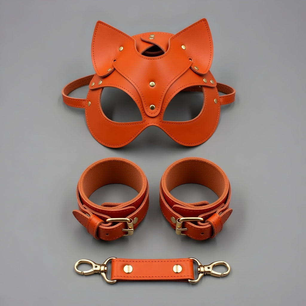 Red Leather Cat Mask Cuffs Set Petplay Kitten Restraints Adjustable