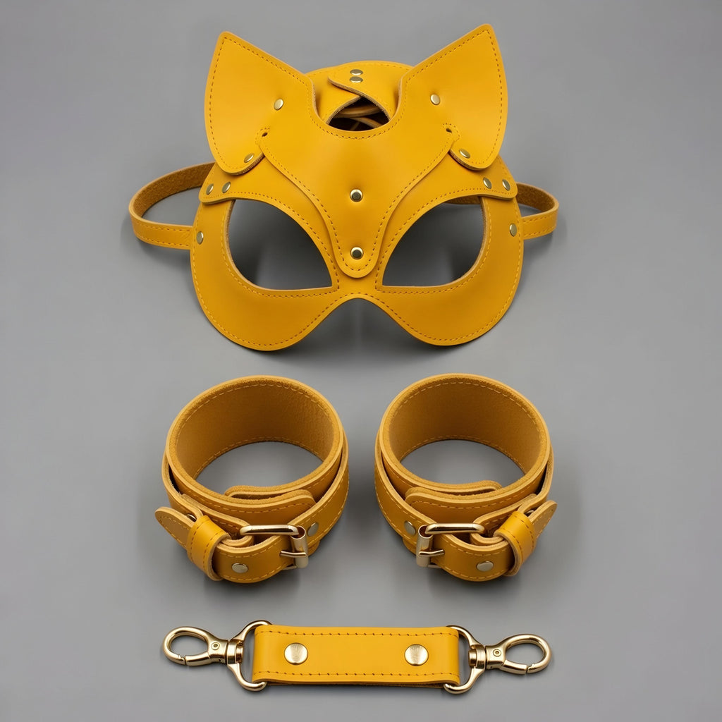 Red Leather Cat Mask Cuffs Set Petplay Kitten Restraints Adjustable