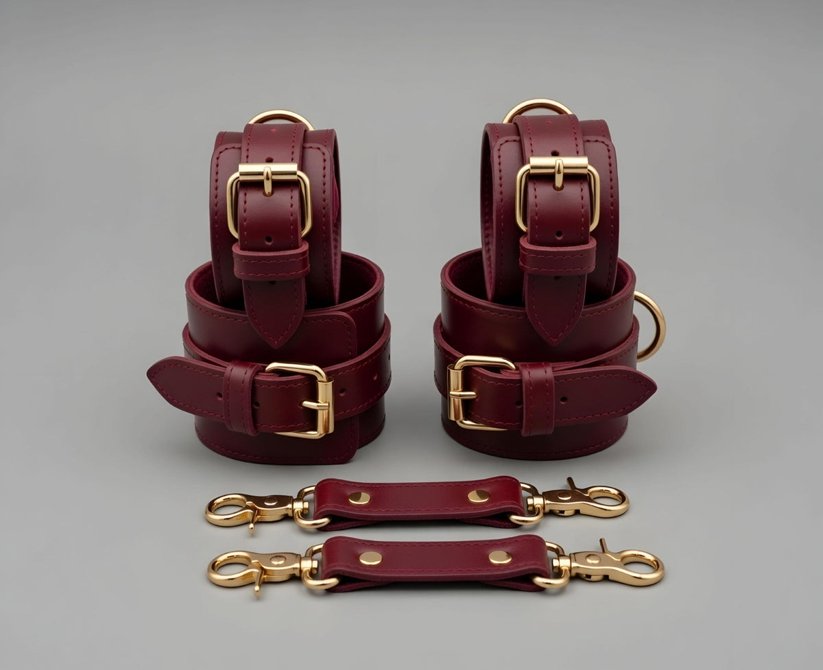 Luxury Red Leather Restraint Set Wrist Ankle Thigh Cuffs Collar Leash