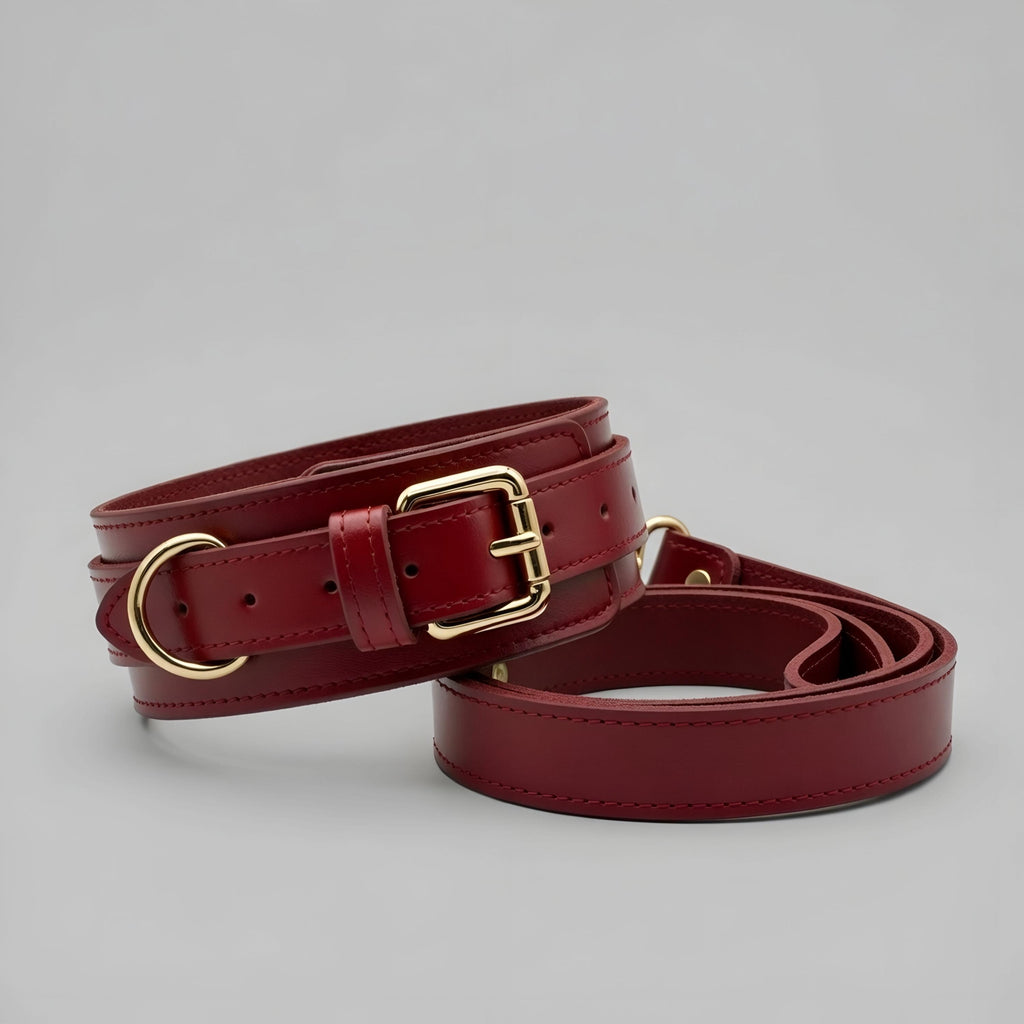 Burgendy Leather Set Cuffs Collar Leash Restraints Kit Gold