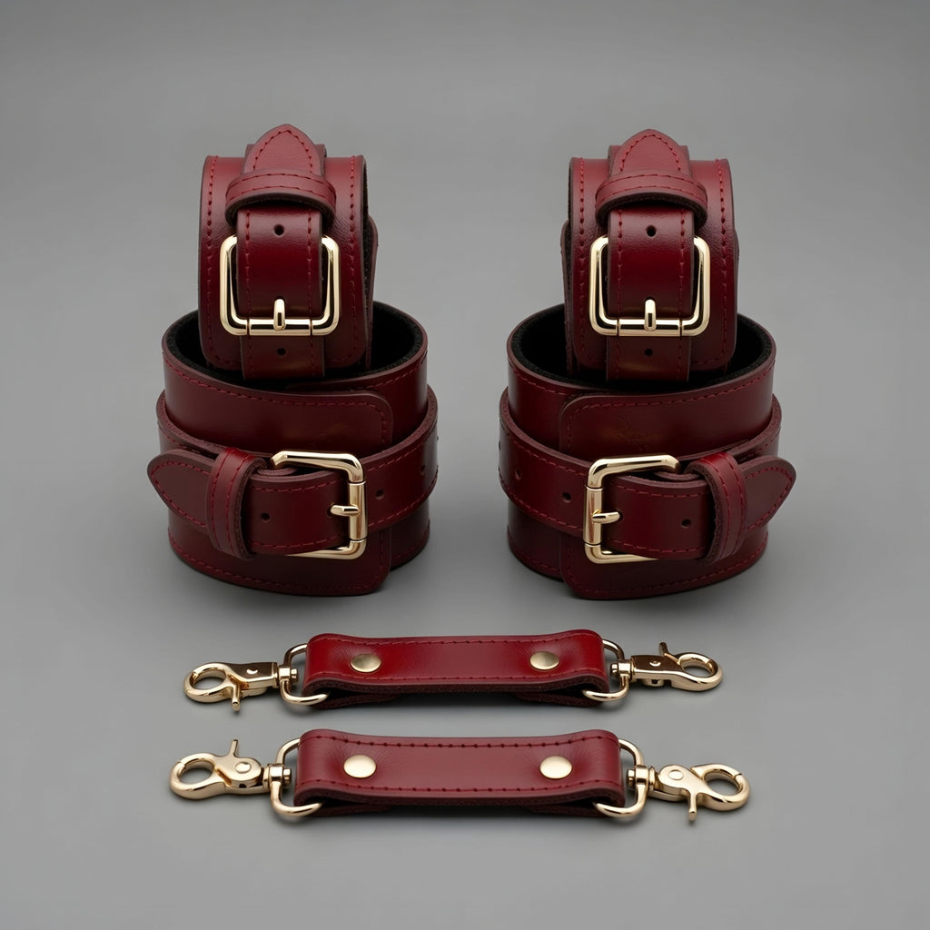Burgendy Leather Set Cuffs Collar Leash Restraints Kit Gold