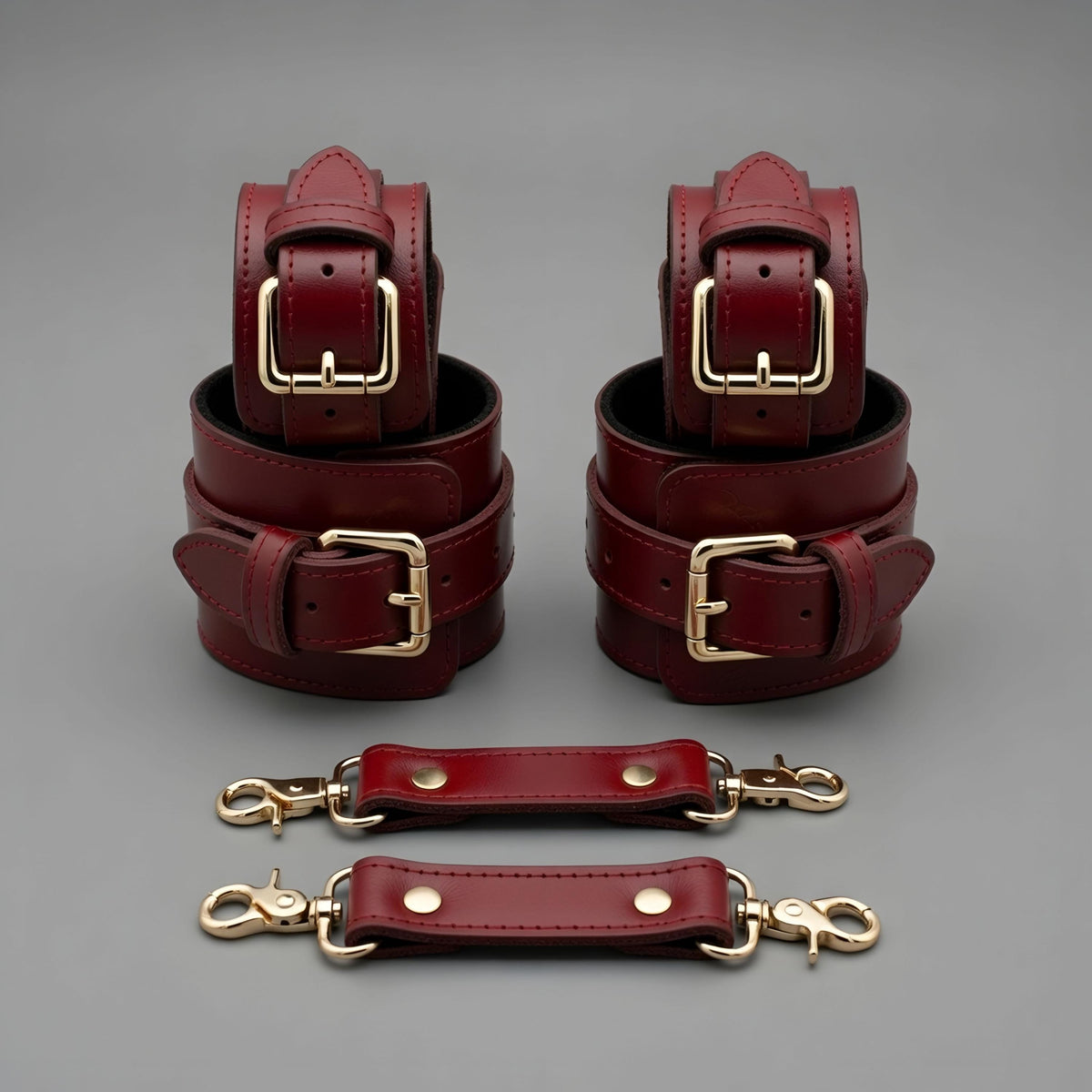 Burgendy Leather Set Cuffs Collar Leash Restraints Kit Gold