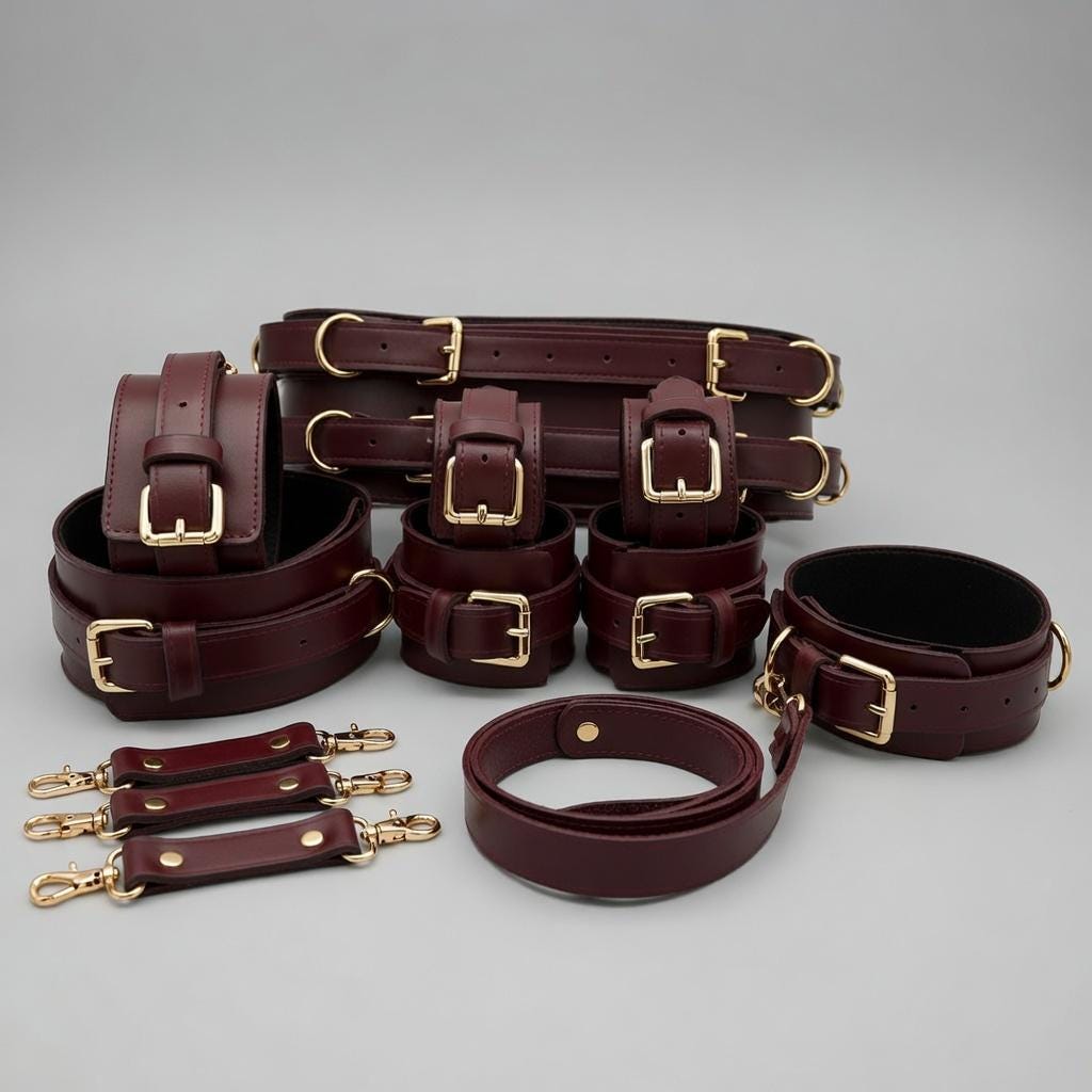 Burgendy Leather Set Cuffs Collar Leash Restraints Kit Gold