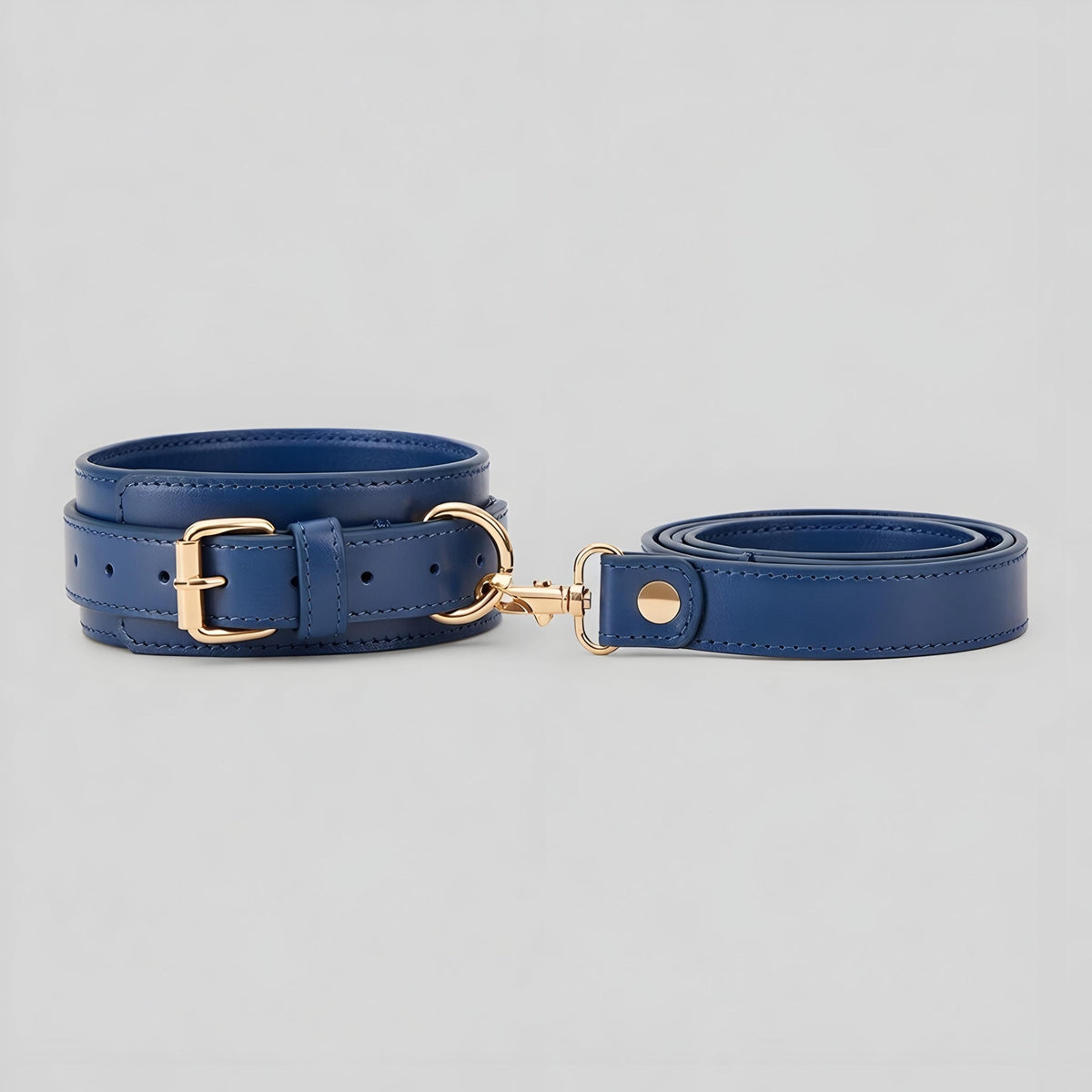 Handcrafted Blue Leather Set Wrist Ankle Cuffs Collar Leash Waist Belt Gold