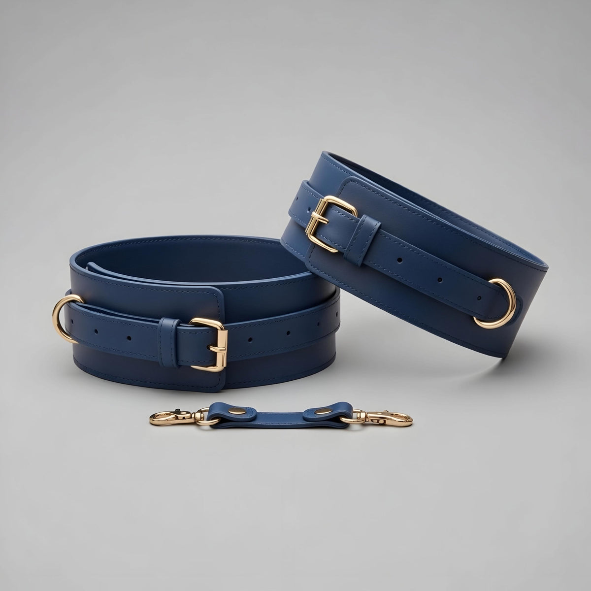 Handcrafted Blue Leather Set Wrist Ankle Cuffs Collar Leash Waist Belt Gold