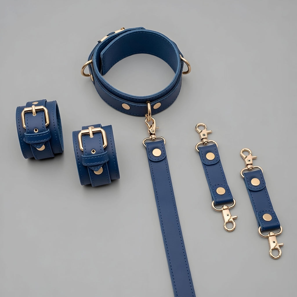 Handcrafted Blue Leather Set Wrist Ankle Cuffs Collar Leash Waist Belt Gold
