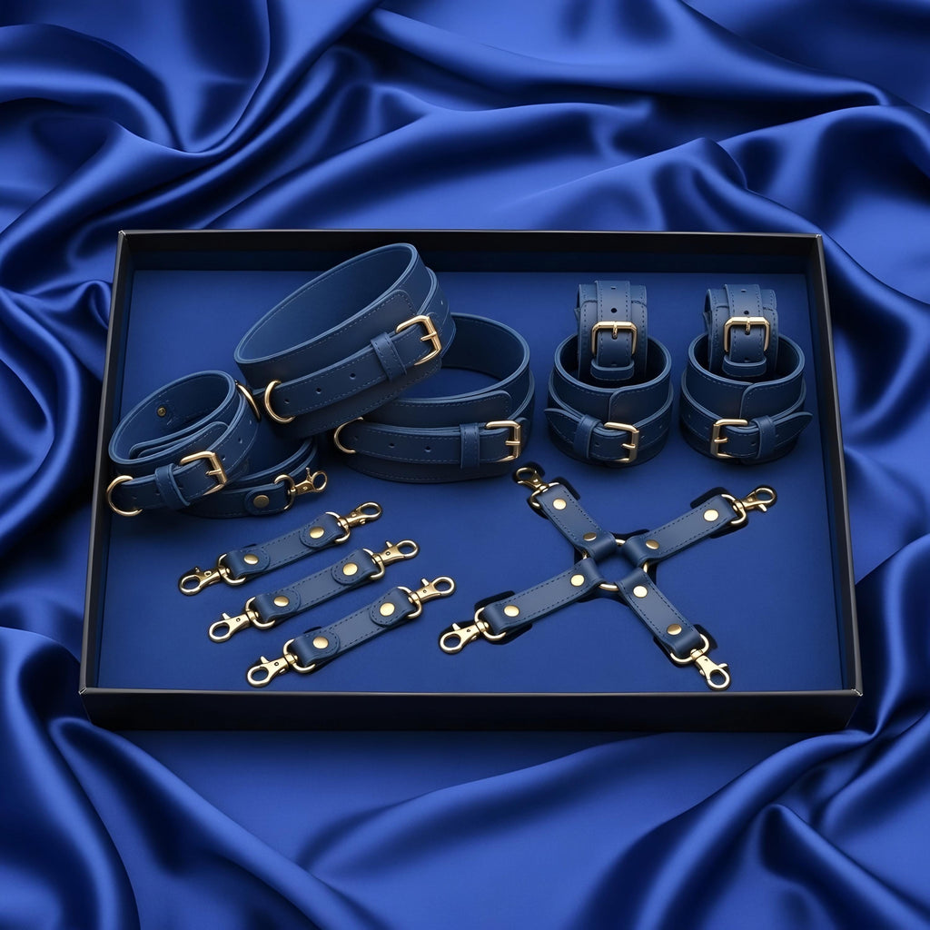 Handcrafted Blue Leather Set Wrist Ankle Cuffs Collar Leash Waist Belt Gold