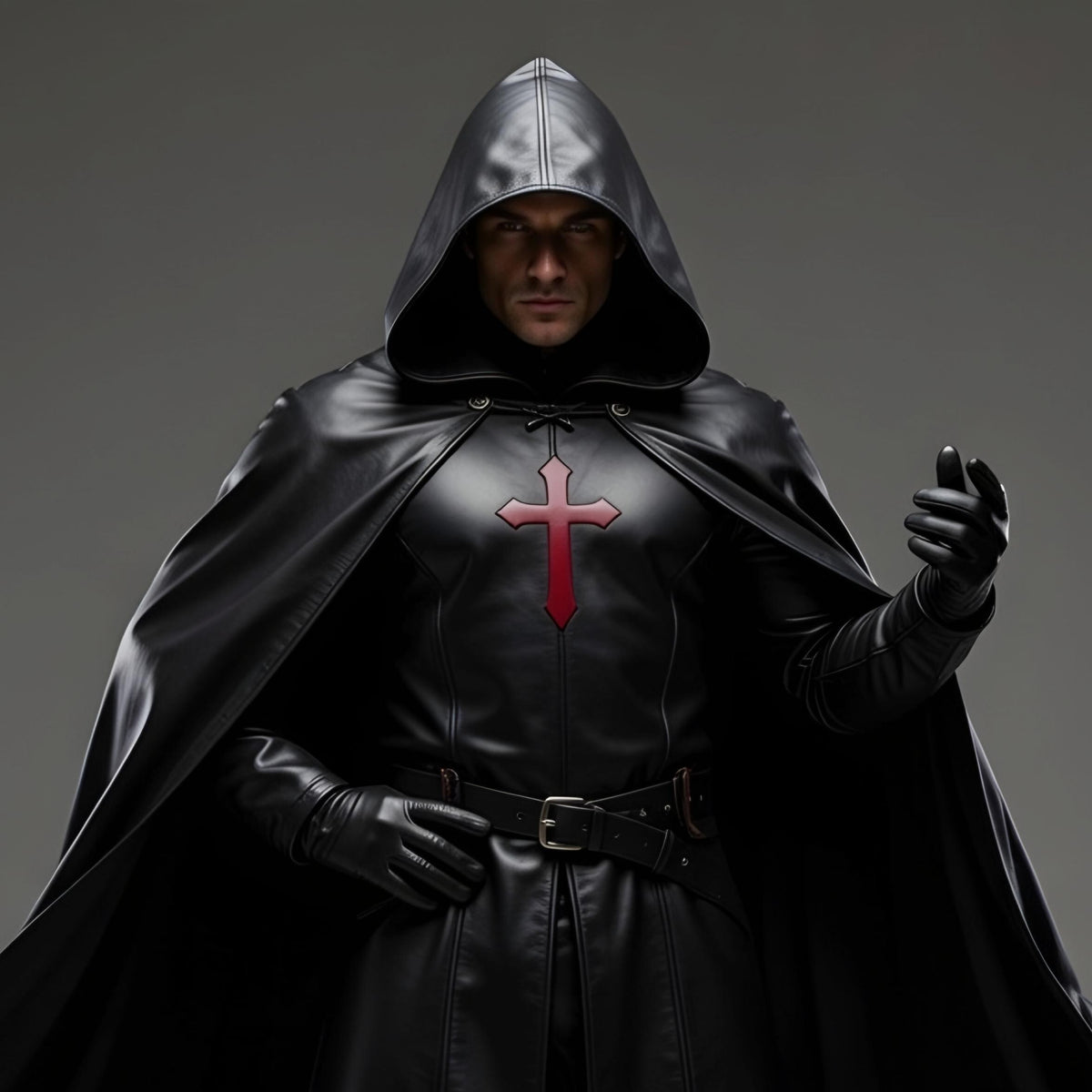 Handcrafted Dark Crusader Hooded Leather Cloak Gothic Medieval Knight Cosplay Armor Costume