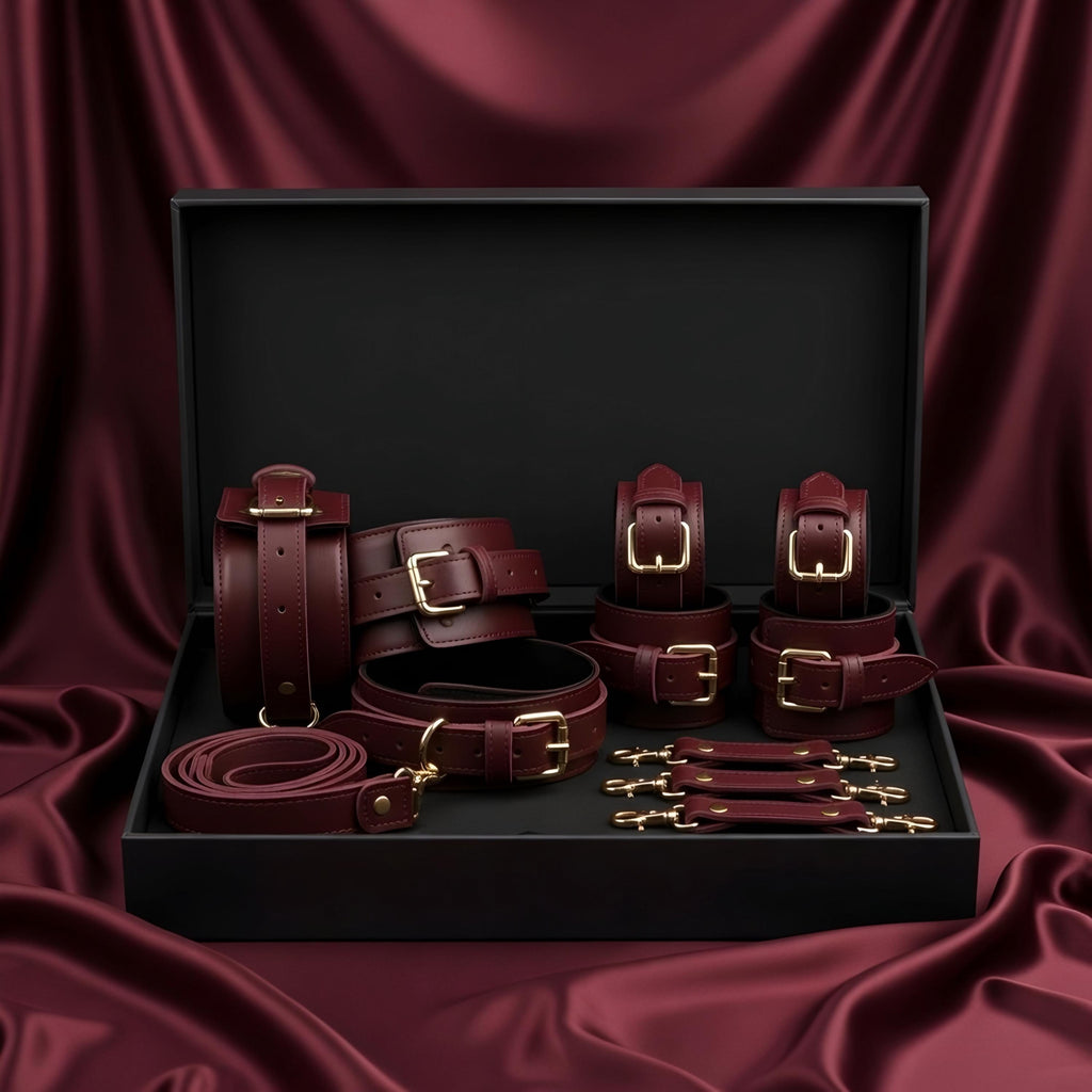 Luxury Burgundy Restraint Set Cuffs Collar Leash Belt Couples Gift Gold