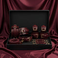 Luxury Burgundy Restraint Set Cuffs Collar Leash Belt Couples Gift Gold