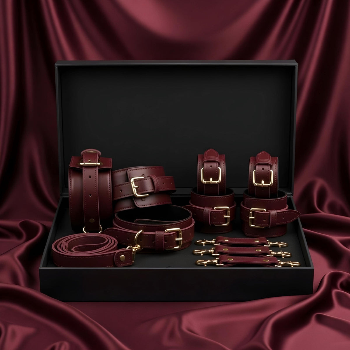 Luxury Burgundy Restraint Set Cuffs Collar Leash Belt Couples Gift Gold