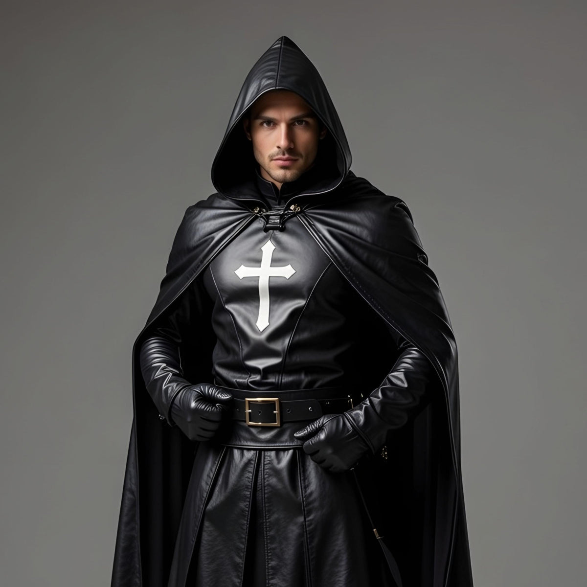 Hooded Leather Cloak with White Cross, Dark Clergy Robe Cosplay Cape