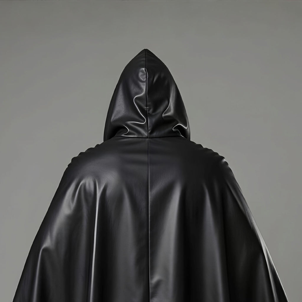 Men's Black Leather Hooded Cloak Cape Fantasy Assassin Cosplay Costume Laced Tunic Gothic Outfit