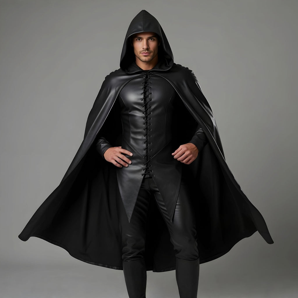 Men's Black Leather Hooded Cloak Cape Fantasy Assassin Cosplay Costume Laced Tunic Gothic Outfit