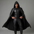 Men's Black Leather Hooded Cloak Cape Fantasy Assassin Cosplay Costume Laced Tunic Gothic Outfit