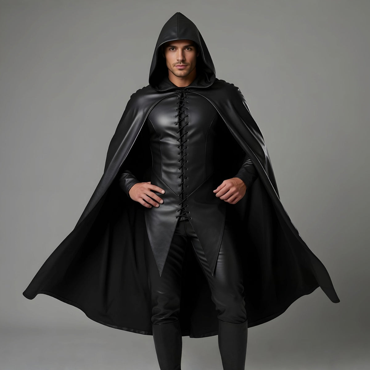 Men's Black Leather Hooded Cloak Cape Fantasy Assassin Cosplay Costume Laced Tunic Gothic Outfit