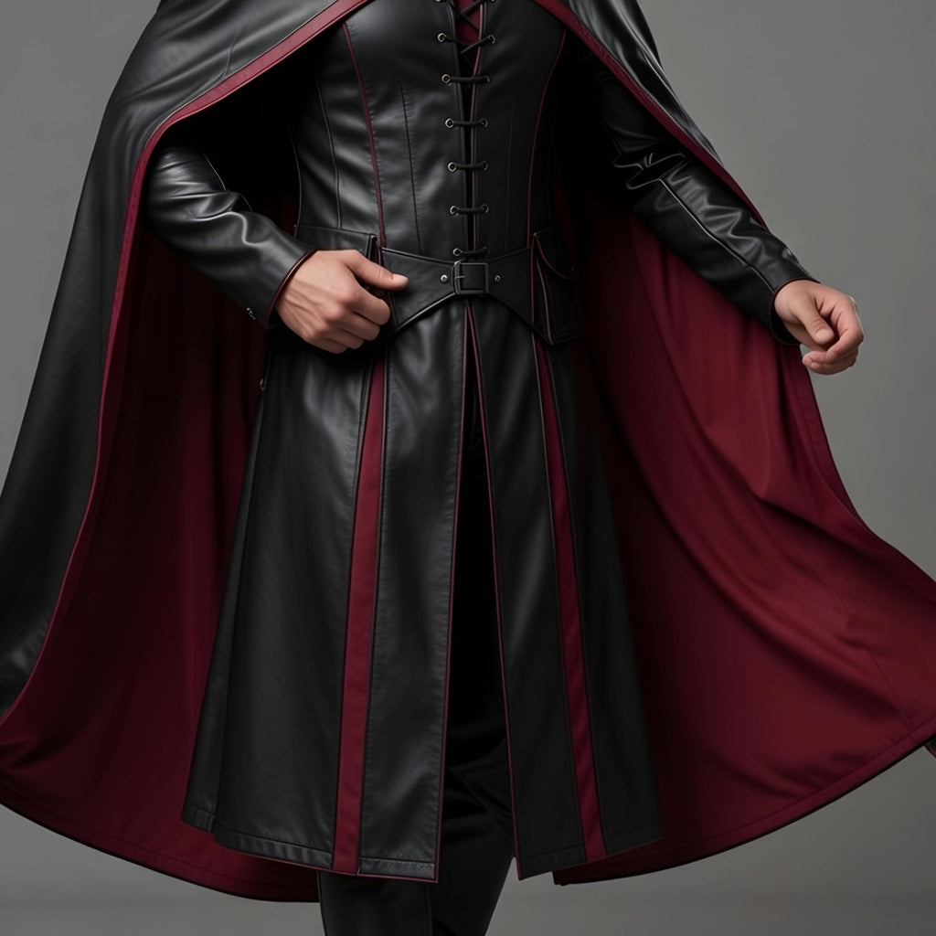 Handcrafted Gothic Vampire Leather Cloak Hooded Long Black Red Mens Cosplay Halloween Costume Cape
