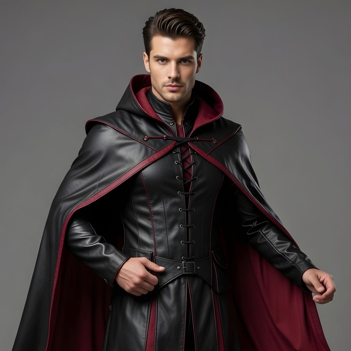 Handcrafted Gothic Vampire Leather Cloak Hooded Long Black Red Mens Cosplay Halloween Costume Cape