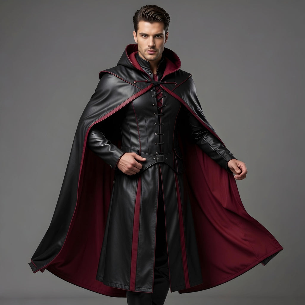 Handcrafted Gothic Vampire Leather Cloak Hooded Long Black Red Mens Cosplay Halloween Costume Cape
