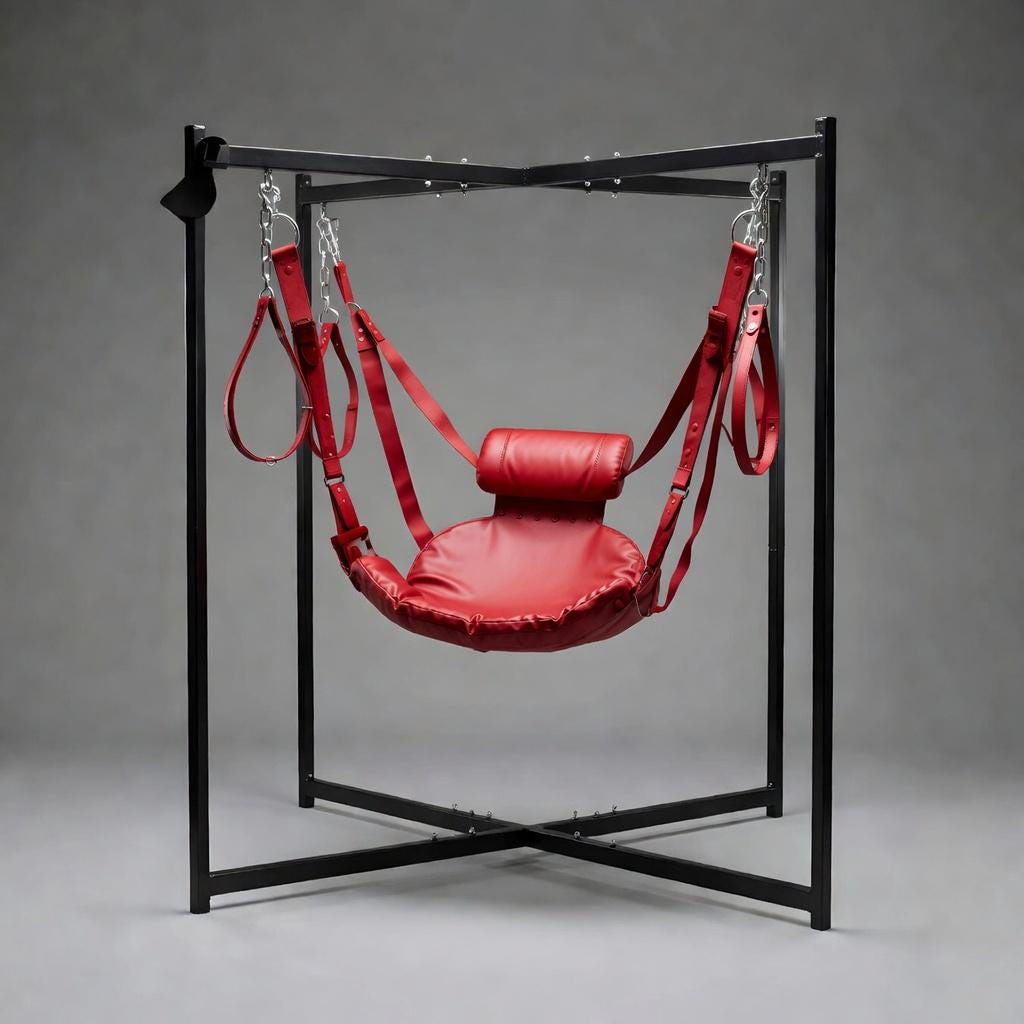 Handmade Leather Suspension Swing with Stand Black Sling for Couples Play Furniture