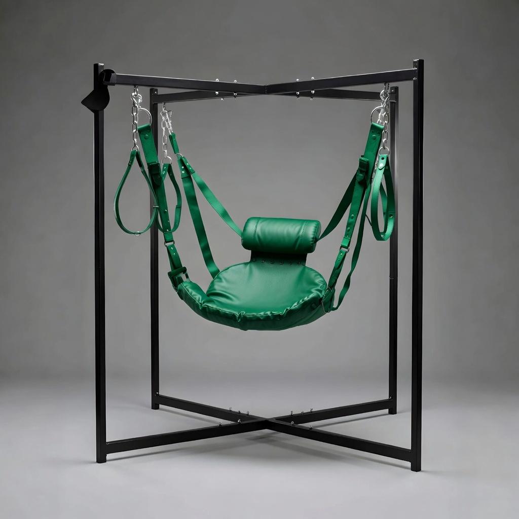 Handmade Leather Suspension Swing with Stand Black Sling for Couples Play Furniture