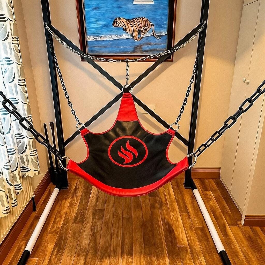Suspension Swing with Heavy Duty Metal Stand Black and Red Leather