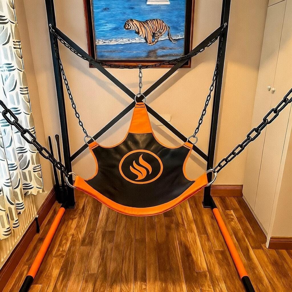 Suspension Swing with Heavy Duty Metal Stand Black and Red Leather