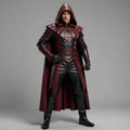 Men's Maroon Hooded Leather Cape Cosplay Superhero Costume for Adult Halloween Party Outfit Cloak