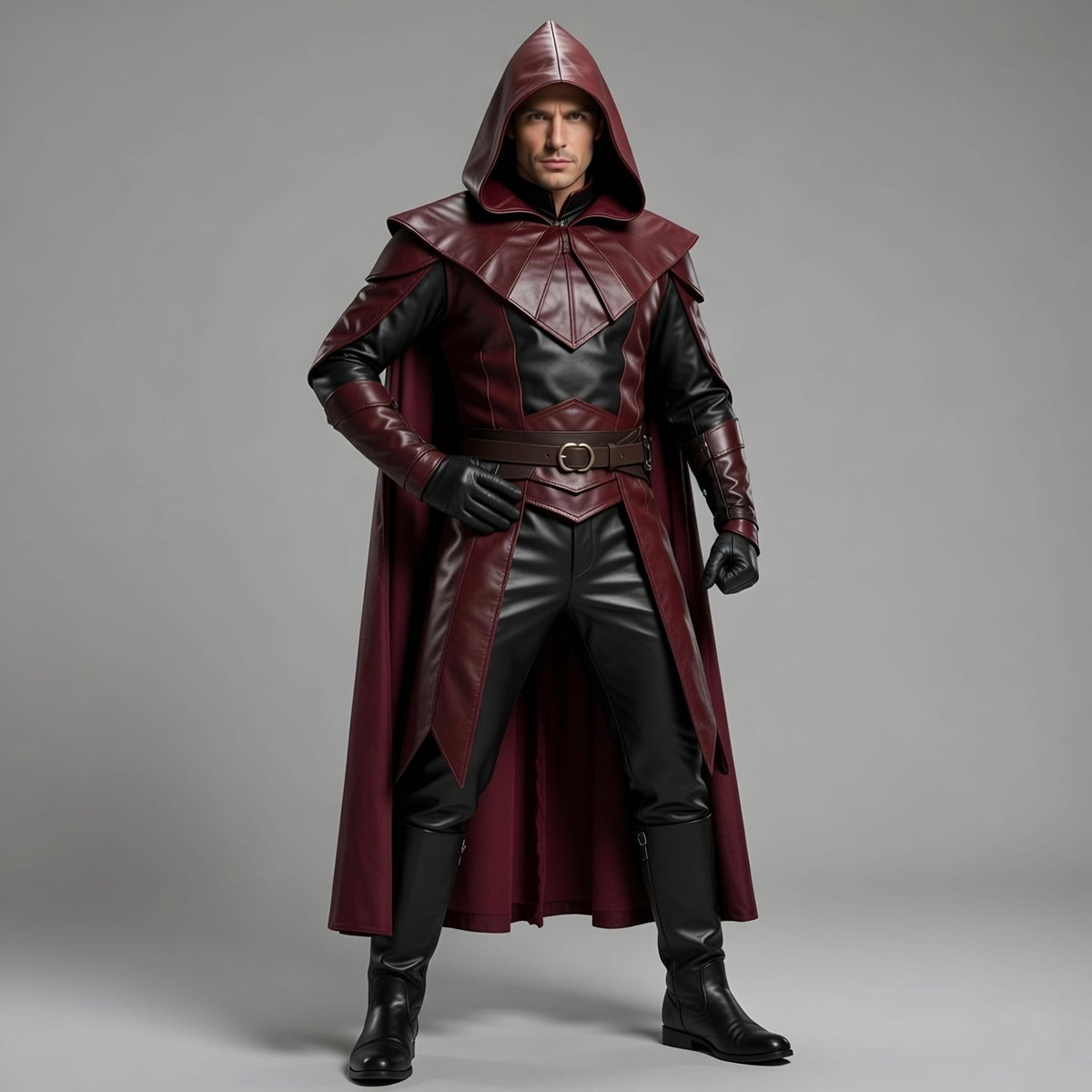 Men's Maroon Hooded Leather Cape Cosplay Superhero Costume for Adult Halloween Party Outfit Cloak